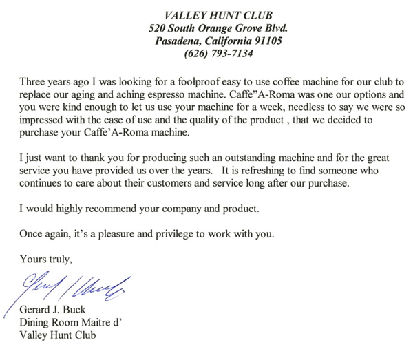 Testimonial from Valley Hunt Club in Pasadena, California.