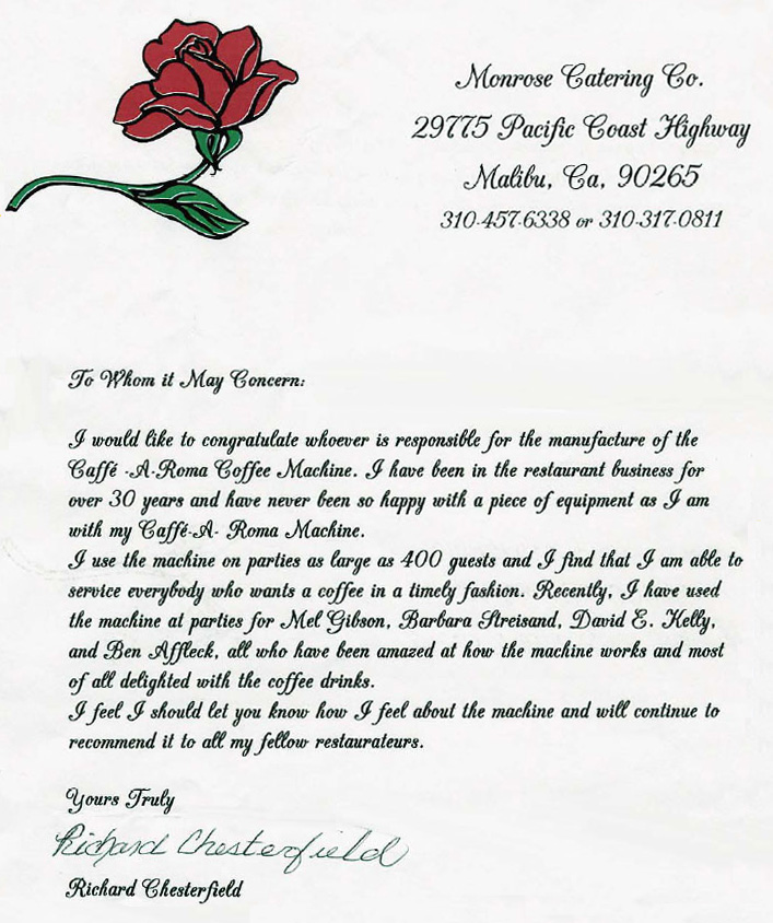 Testimonial from Melrose Catering Company on our coffee machines