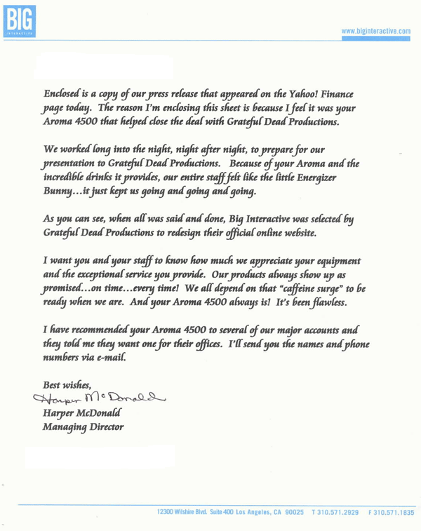Testimonial Letter From Big Interactive PR Firm on the quality of our coffee delivery service.